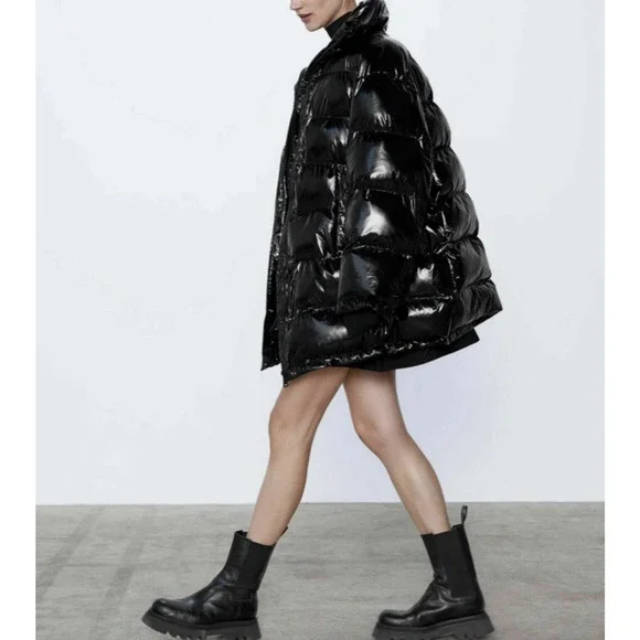 Zara Oversized Puffer Coat Glossy Shiny Jacket Size Medium‎ Black Vogue Runway